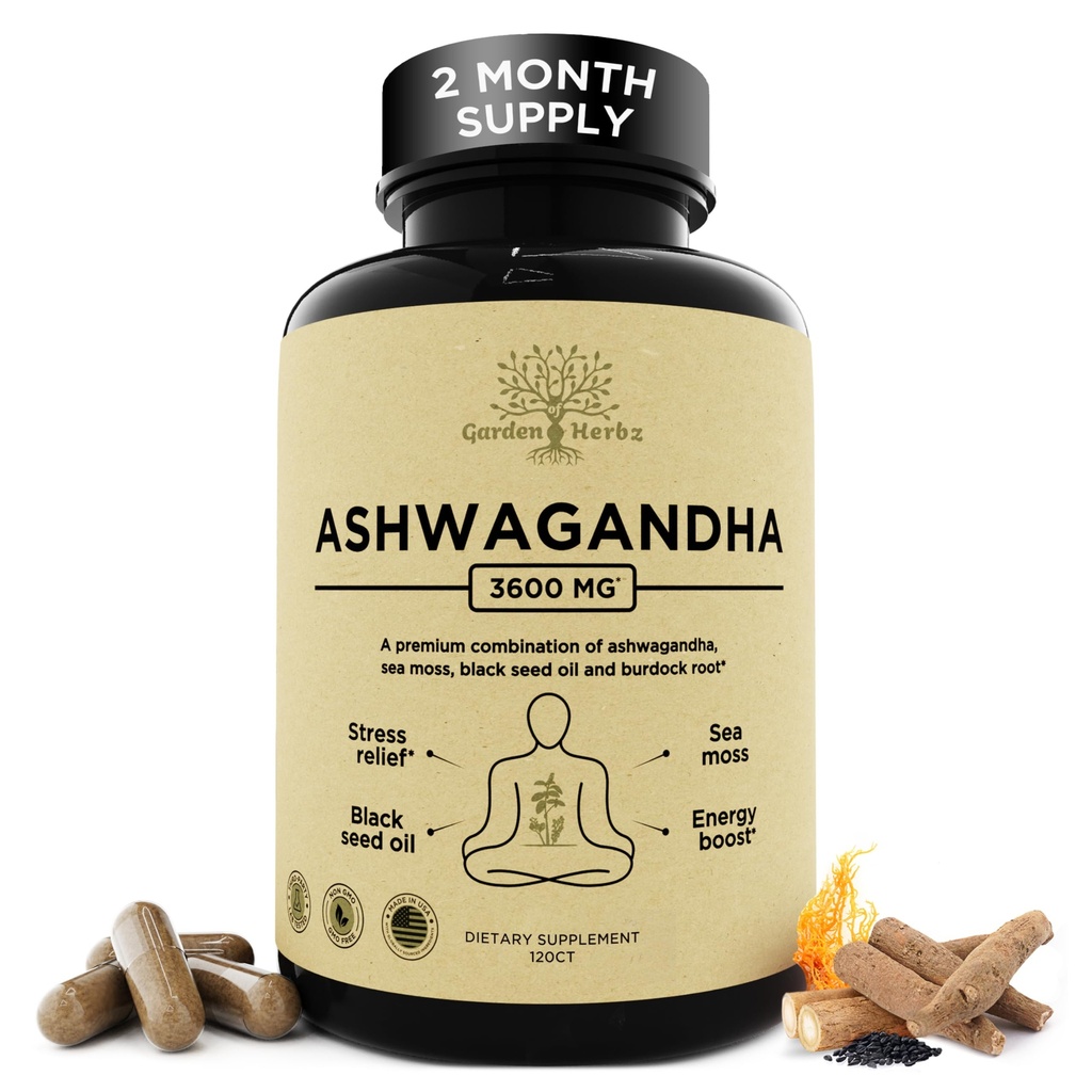 Organic Ashwagandha Root & Irish Sea Moss – 3,600 mg Ashwagandha Supplemento con Olio di semi neri, & Burdock Root – Integratore di erbe per l'energia, Calma, Mood, & Wellness, 120 Caps