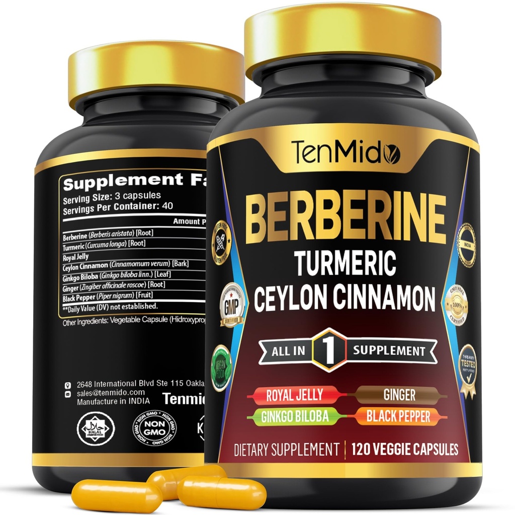 Integratore di Berberina - Formula 7in1 - Combina con Turmerico, Jelly Reale, Cannella di Ceylon, Ginkgo Biloba, Ginger & Black Pepper - Salute Digestiva, Supporto Immune - 120 Capsule