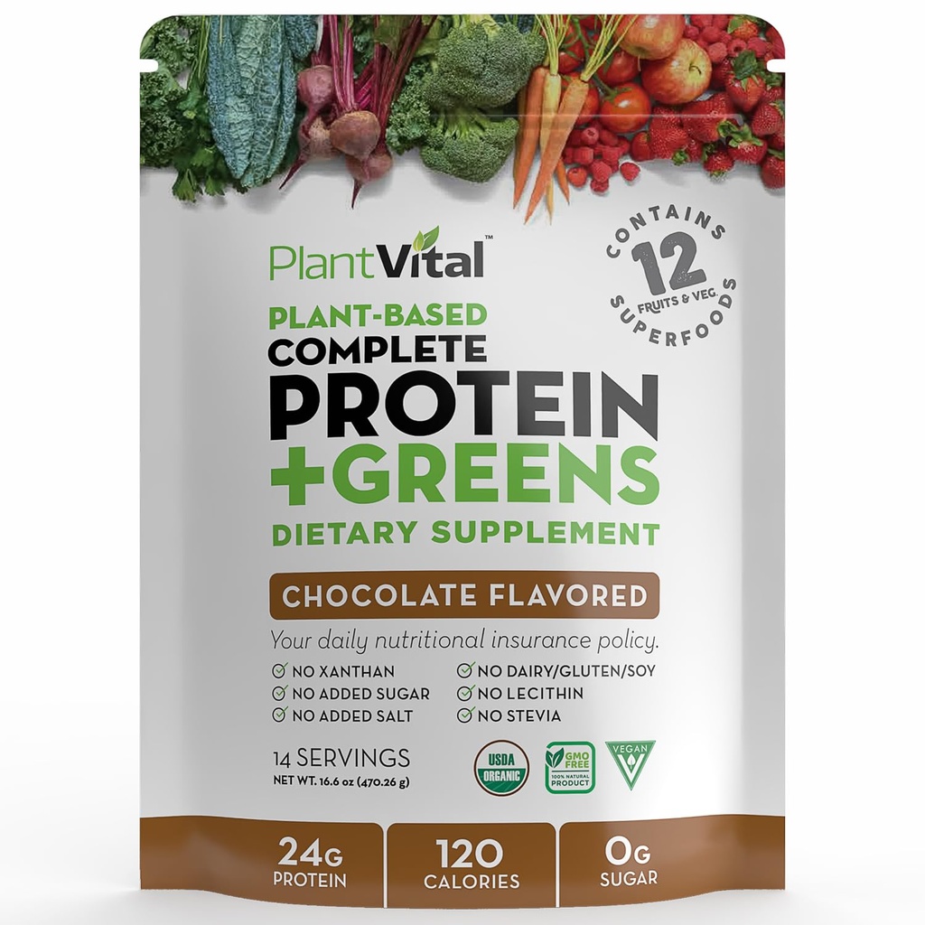 Plantvital Vegan Protein Powder Plant based, Organic Protein Powder Chocolate 24g/0g Sugar, 12 Superfoods, Veggies, Probiotics, Cocoa crudo, Kale, Beets, Spirulina, Pea, Gluten-Free, Keto-Friendly, 16oz