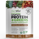 Plantvital Vegan Protein Powder Plant based, Organic Protein Powder Chocolate 24g/0g Sugar, 12 Superfoods, Veggies, Probiotics, Cocoa crudo, Kale, Beets, Spirulina, Pea, Gluten-Free, Keto-Friendly, 16oz
