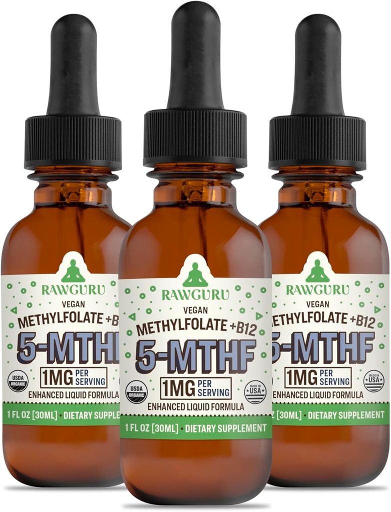RawGuru Methylfolate 1mg+ Vitamin B12 - Organic Vegan Methylated B12 with Trace Minerals - Nano-Processed & Enhanced Liquid Formula - 300 Serve di Vegan Drops per 30 ml, Confezione da 3