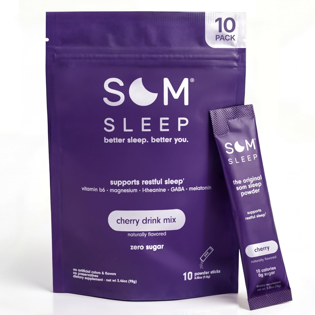 Som Sleep, Restful Sleep Powder Drink Mix w/Melatonin, Magnesio, Vitamina B6, L-teanina & GABA – Vegan, Zero Sugar, Keto Friendly – Ciliegia, 10-Pack