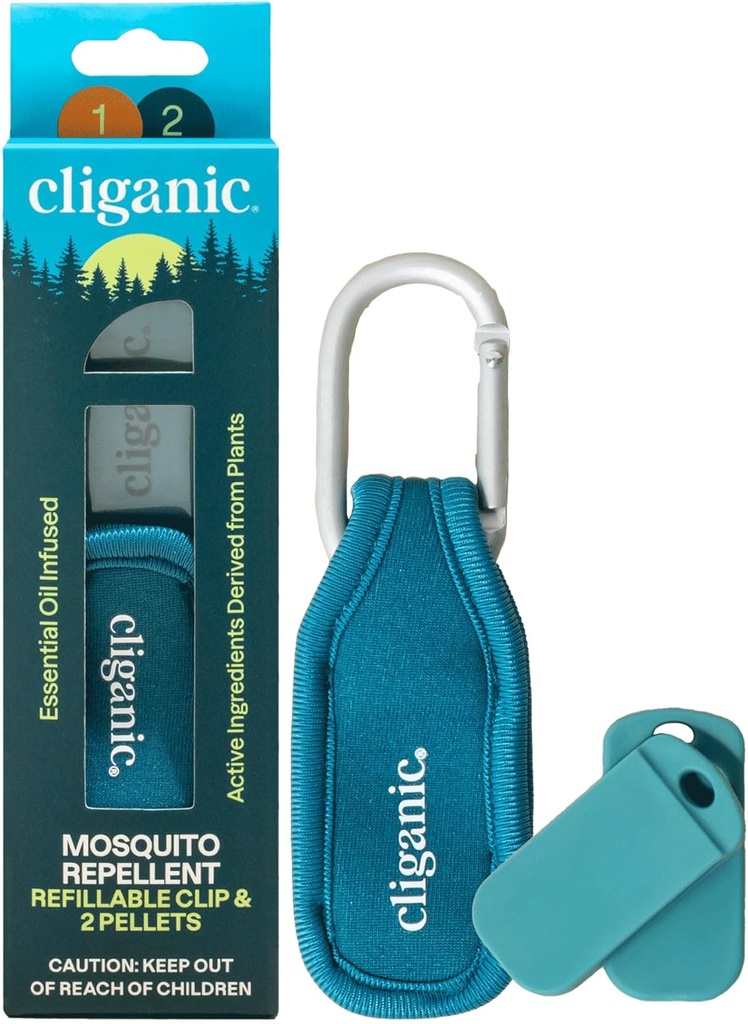 Cliganic Mosquito Repellent Pack (1 Clip + 2 Pellet di ricarica) - Natural DEET-Free, Olio essenziale infuso