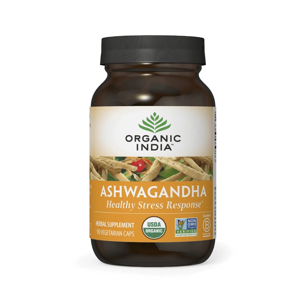 ORGANIC INDIA Ashwagandha Capsule - Organic Ashwagandha Supplemento - Vegan Ashwagandha Root, Gluten-Free, Kosher, Non OGM, Supports Stress Relief, Energy, and Sleep - 90 Capsule