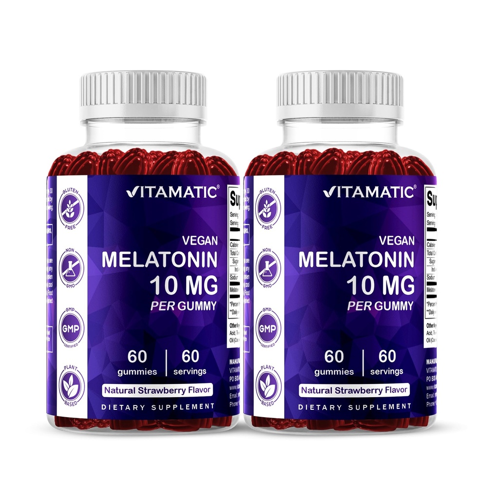 Vitamatic Melatonina 10 mg Gummie vegetariane – Formazione non-Habit – 60 Gummies per Bottiglia – 2-Pack (Totale 120 Vegan Gummies)