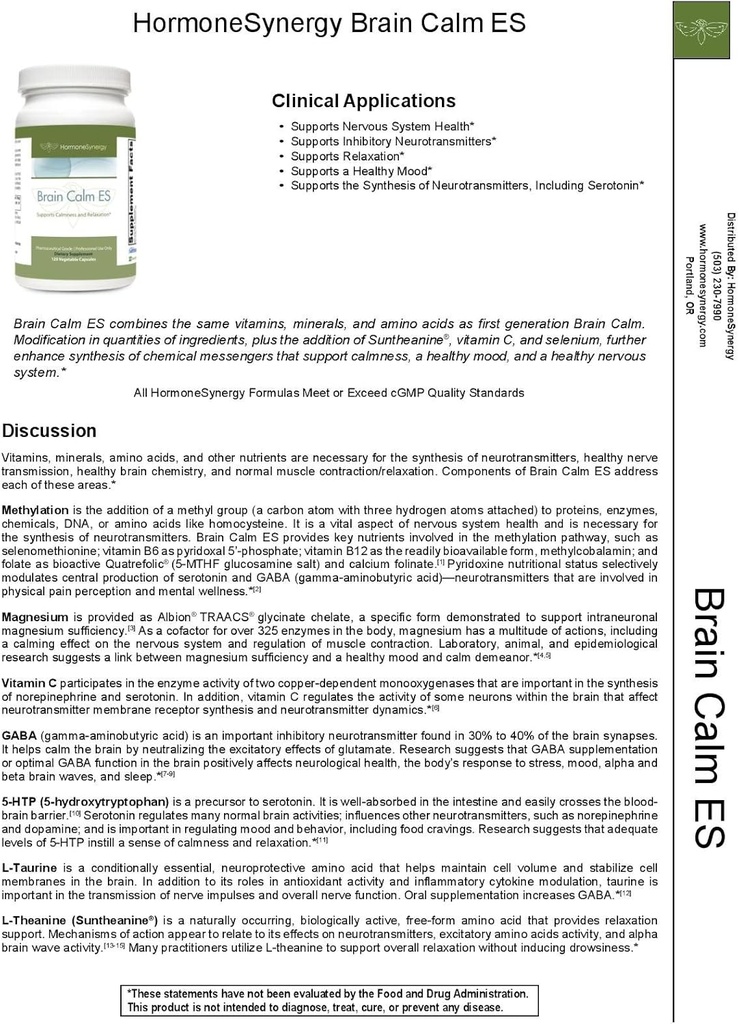 HormoneSynergy RetzlerRx® Brain Calm ES - Supporto finale per la calma e il relax - L-teanina (Suntheanine®) - TRAACS® Albion® Chelated Minerals - GABA - 5-HTP - L-Taurine - 120 V-Caps