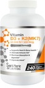Vitamina D3 10.000 IU K2/MK7 100 mcg. Supplemento ad alta potenza 8 mesi di alimentazione. Non OGM per Bone, Heart & Immune Support.