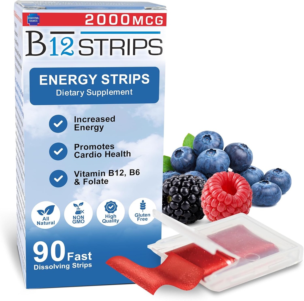 Fonte essenziale 2.000 mcg Methylcobalamin Vitamina B12 strisce di energia sublinguale | Biotina, B6, 5-MTHF L-metilfolato | Vitamine B12 sublinguali, Folate | Energia, Salute cerebrale, Funzione di Nerve - 90 strisce