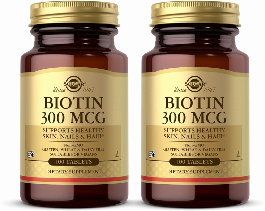 Solgar Biotin 300 mcg - 100 compresse, Confezione da 2 - Supporta pelle sana, unghie e capelli - Non OGM, Vegan, Gluten Free, Dairy Free, Kosher - 200 Total Servings