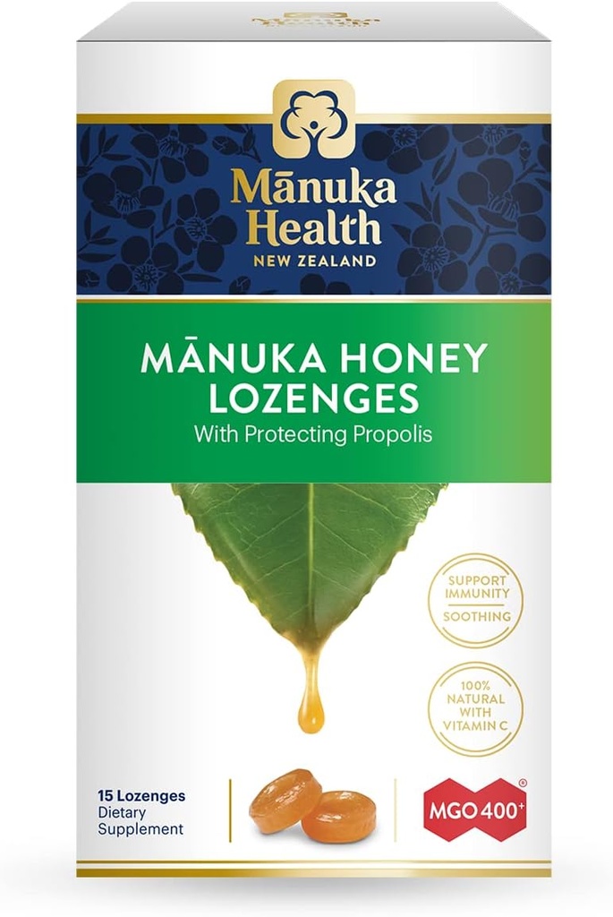 Manuka Health Manuka Honey Lozenges – 15 Propolis Lozenges – Natural Throat Lozenges Infuso con Raw Manuka Honey, Nuova Zelanda Propolis e Vitamina C per il supporto immunitario