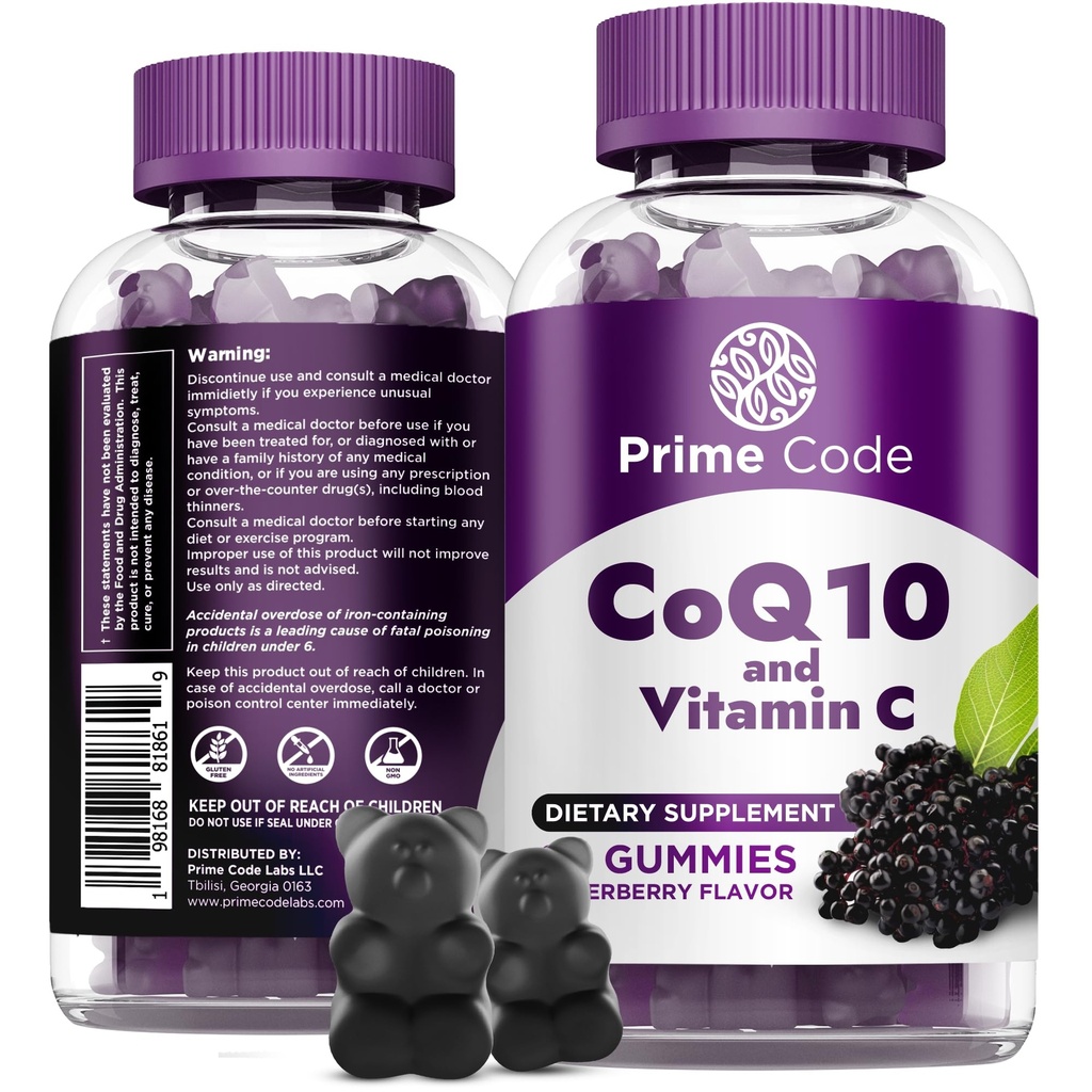 Prime Code CoQ10 Gummies 200 mg con vitamina C – Coenzyme Q10 Antiossidante Supplemento per il supporto dell'energia cellulare – Gummie vegane facili da portare per adulti – 60 Conte