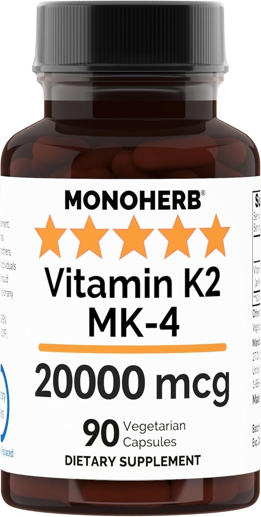 MONOHERB Vitamina K2 come Menatetrenone MK-4 20000 mcg per capsula - 90 capsule di veg