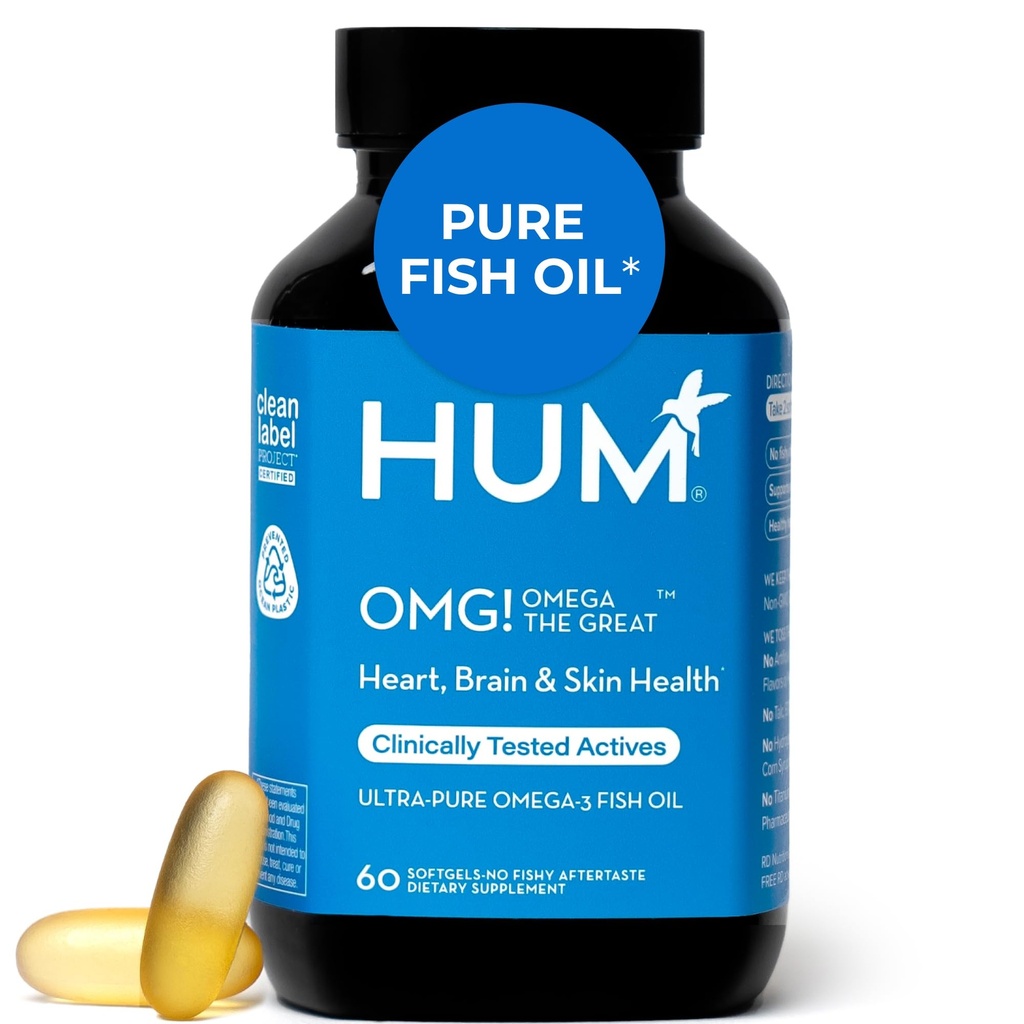 HUM OMG! Omega The Great Triple Omega 3 Fish Oil Supplement per le donne e gli uomini con vitamina E, DHA & EPA, Skin Care & Skin Tone Support per la salute del cuore e del cervello, senza glutine, non OGM, 60 Softgels