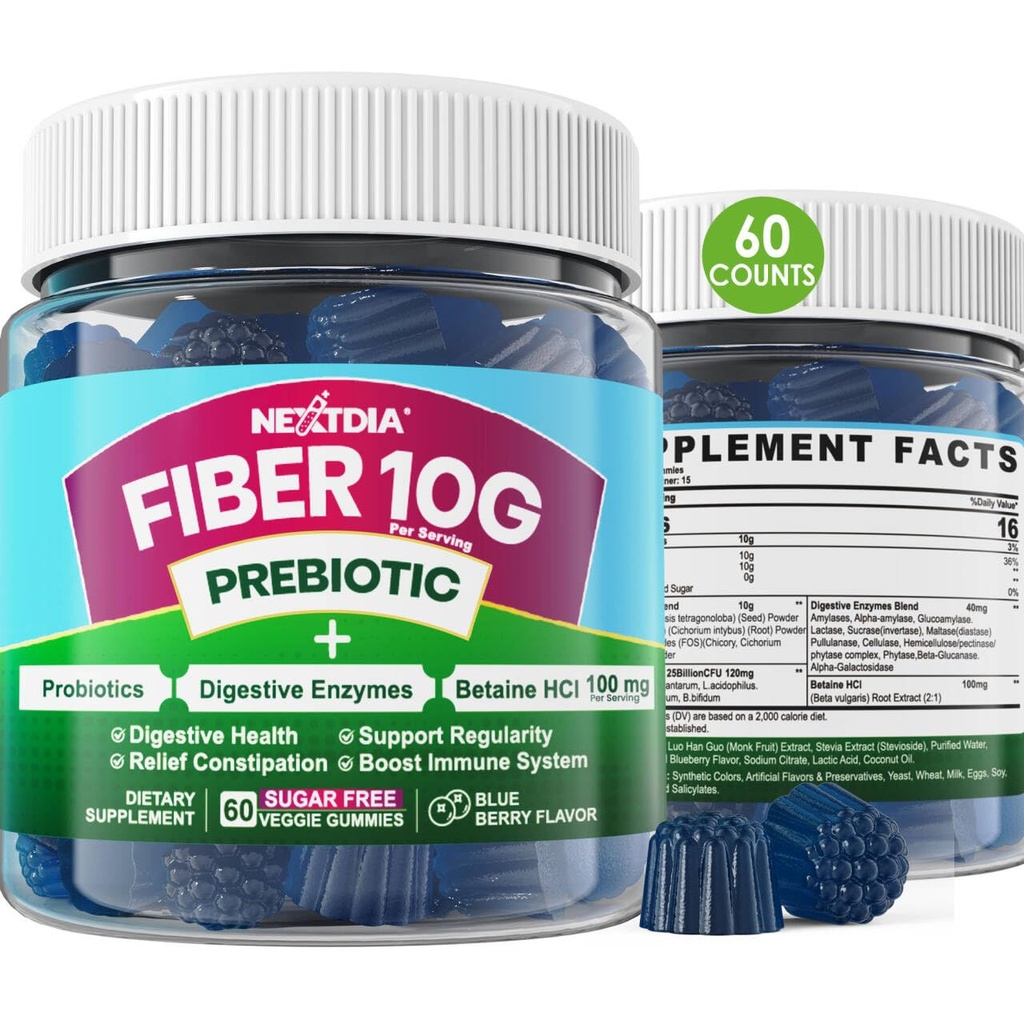Gummie di fibre per adulti, Zucchero gratis 10g Prebiotico Supplemento di fibre con enzimi digestivi, Probiotici & 100mg Betaine per Digestivo & Gut Salute e Regolare il movimento del telo, Vegan, Gelatin Free, 60ct