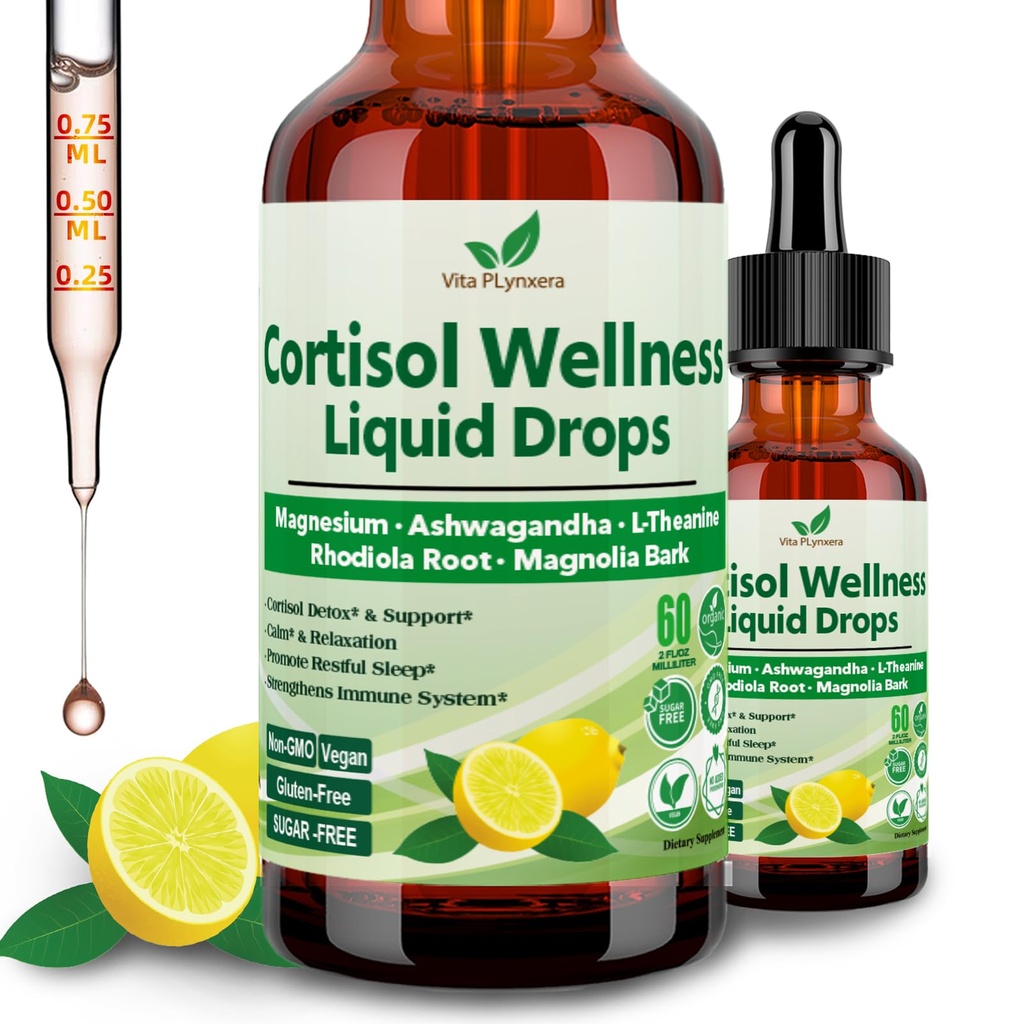 Supplemento Cortisol Liquid Drops, 17-in-1 Cortisol Detox w. Magnesio Glycinate 400mg Ashwagandha, L-teanina, Phosphatidylserine, Ormone bilanciato per le donne, Mood Focus, Supporto del sonno