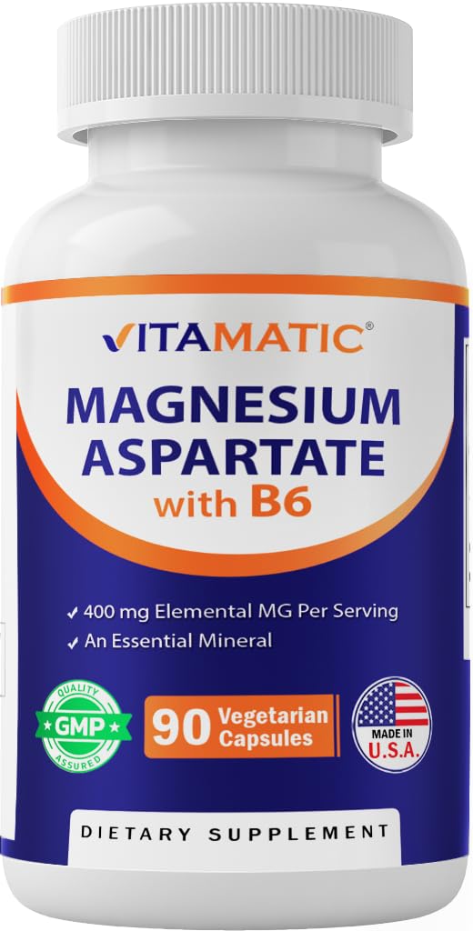 Vitamatic Magnesio Aspartato 400mg per Serving - 90 Capsule Vegetariani - Aggiunto B6 per Assorbimento Massimo - Supporta Muscolo, Giunto e Salute Del Cuore*