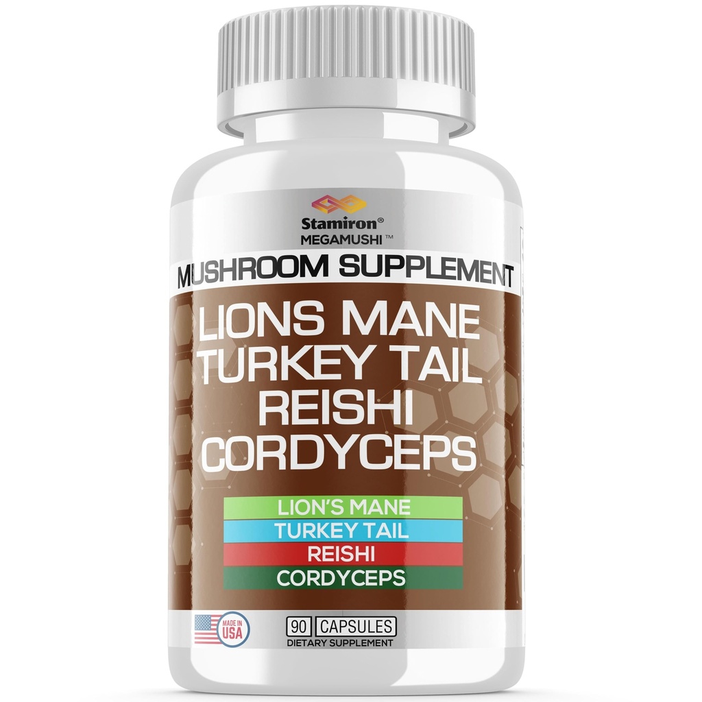 Stamiron Lions Mane Supplemento Turchia Tail Mushroom Capsule con Cordyceps Extract & Reishi Mushrooms - Alt to Mushroom Gummies, Mushroom Powder, Mushroom Coffee - 90 Count