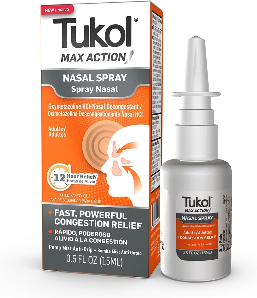 TUKOL Max Azione spray nasale, Oxymetazoline Decongestant Spray nasale per adulti, Rilievo di congestione del naso e del naso, Decongestionante dello spruzzo del naso di 12 ore, 0,5 fl oz