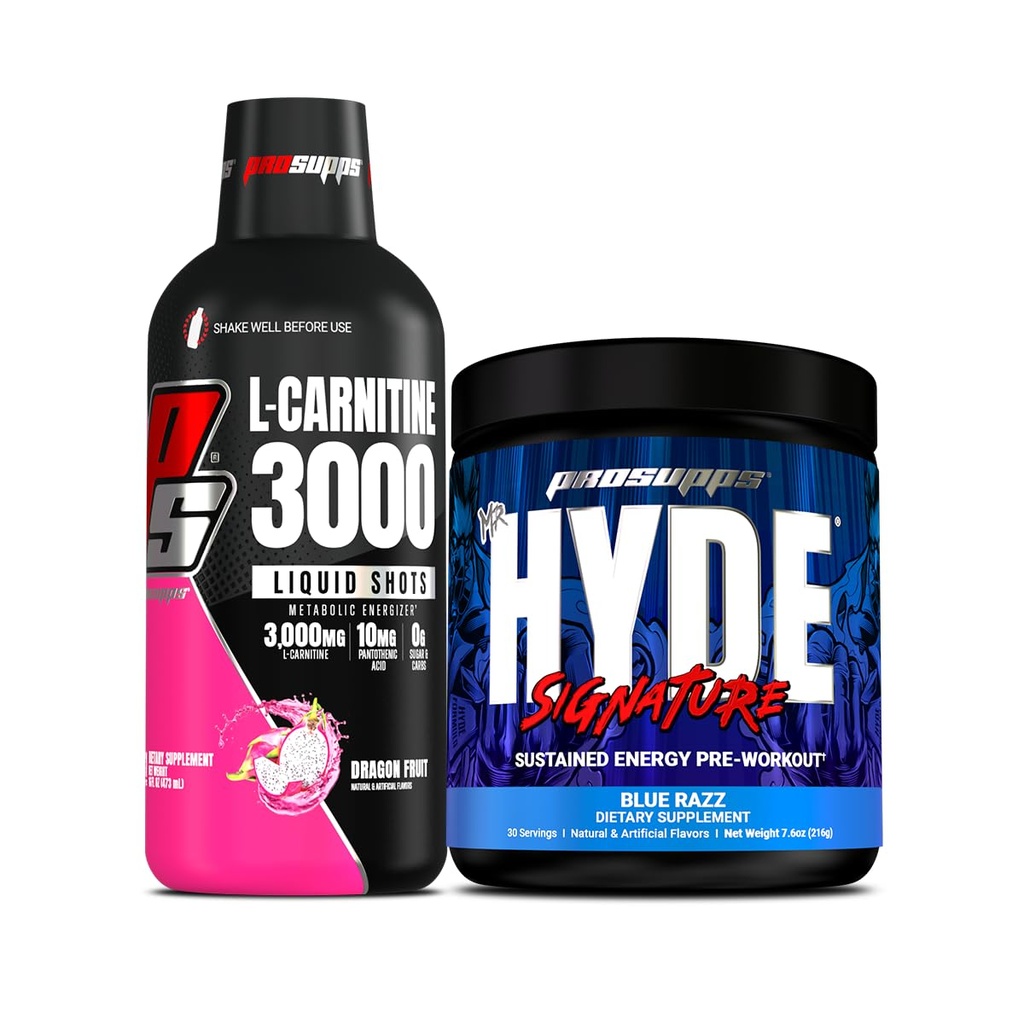 PROSUPPS L-carnitina 3000 Stimolant Free Liquid Shots (Dragon Fruit) e Mr. Hyde Signature Series Pre-Workout Energy Powdered Drink (Blue Razz) Bundle