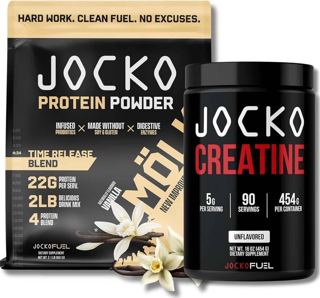 Jocko Fuel Bundle - Vanilla Mölk Protein Powder + Creatina Monoidrato Polvere per uomini e donne - Bundle per prestazioni estetiche, recupero e crescita muscolare