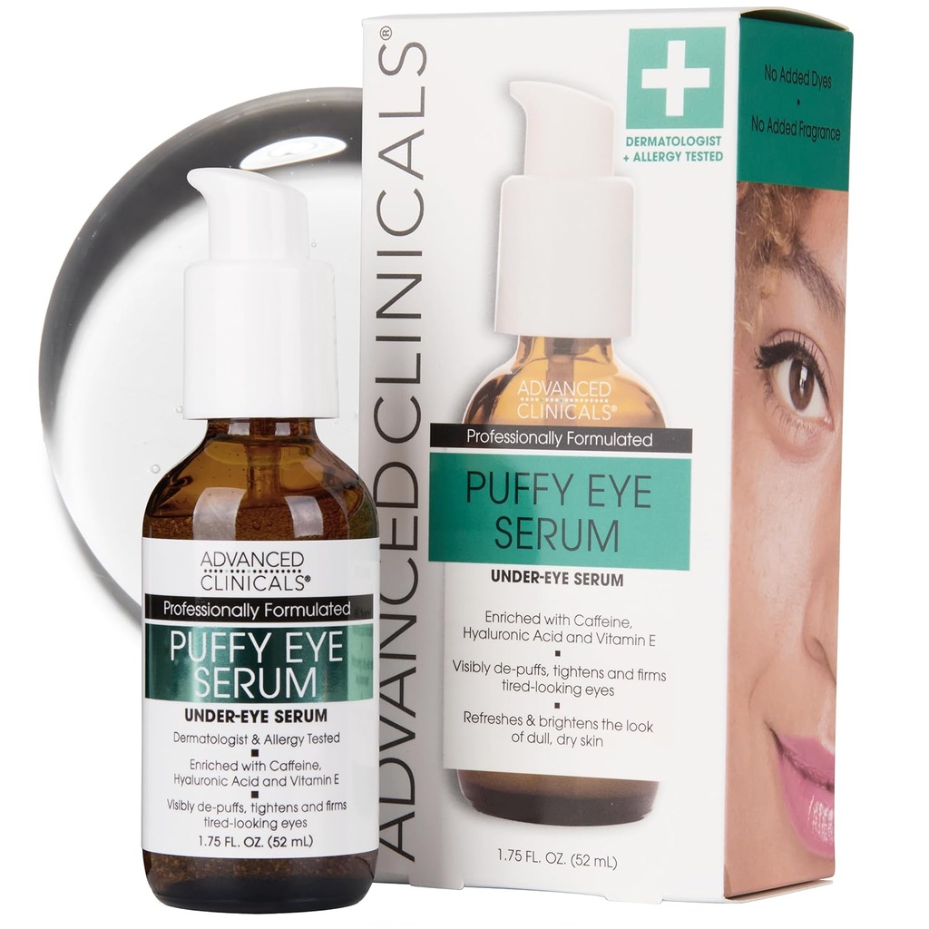 Cliniche avanzate Puffy Eye Under Eye Serum | Visible Anti Aging Brightening Vitamin C + Siero di caffeina aiuta a migliorare l'aspetto di puffiness, linee sottili, cerchi scuri, & Uneven Skin Tone, 1.75 Fl Oz