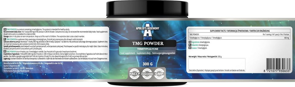 APOLLO'S HEGEMONY TMG Powder 300g - Betaine - 2000mg Trimetilglicina per porzione - 150 Serve per confezione - Nessun additivo - Aminoacidi a catena ramificata - Supporto metabolita