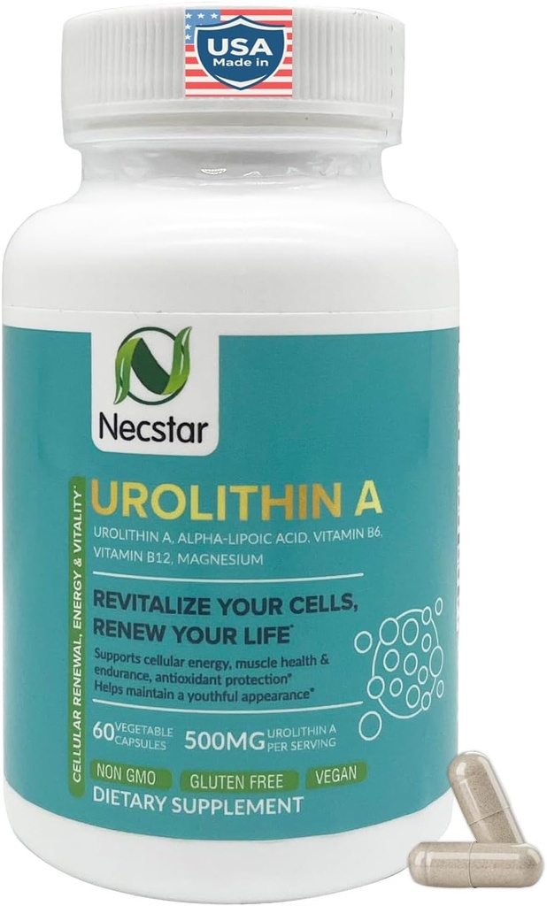 Necstar Urolithin A Supplemento – Energia cellulare e supporto mitocondriale – con acido alfa-lipoico, vitamina B6, B12 e magnesio – 60 capsule vegane, senza glutine