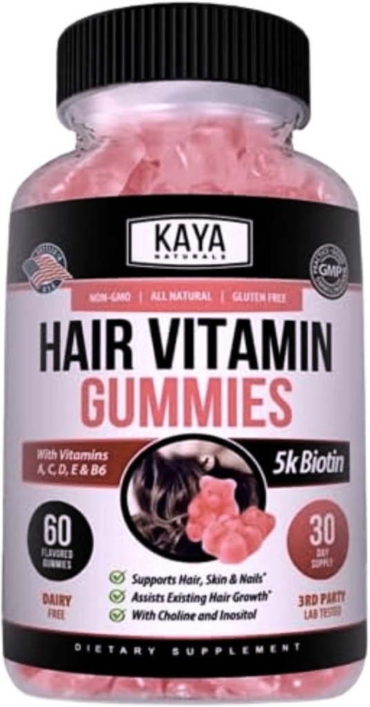 Kaya Naturals Capelli Crescita Gummies - Biotin 5000mcg Vitamine per capelli sani, pelle e unghie - Integratore di bellezza per donne o uomini - 60 Conte - Blueberry Flavor