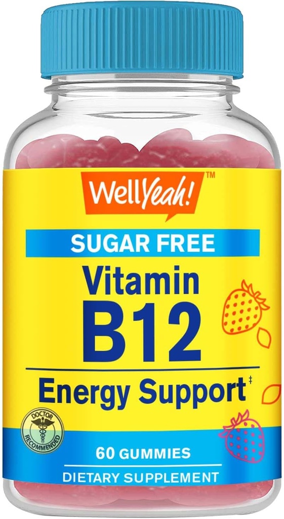 WellSì Vitamina B12 1000mcg Zucchero Gummies | Supplemento dietetico | per l'energia e il supporto Metabolismo | Sapore di fragole | 60 Conte
