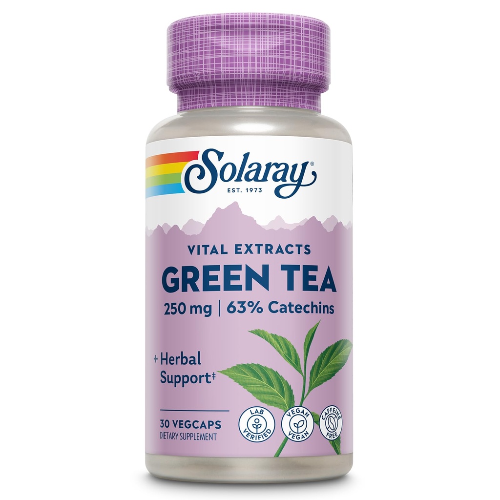 Estratto di tè verde SOLARAY 250 mg - Decaffeinato Estratto di tè verde - Integratori EGCG - Garantito per Contiene 63% Catechins - Vegan, 60 giorni di garanzia, 30 Serve, 30 VegCaps