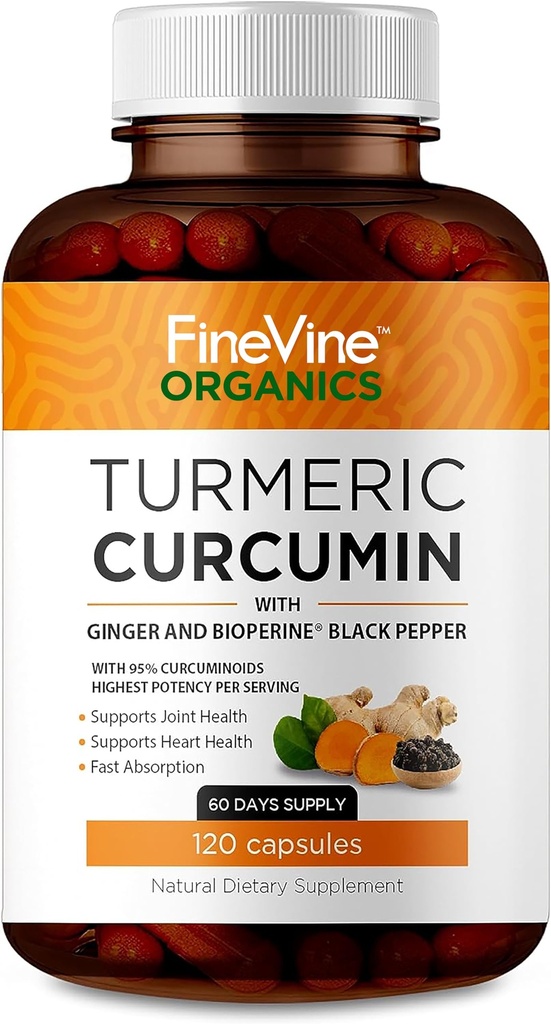 Curcumina di curcuma con BioPerine Pepe Nero e Ginger - Made in USA - 120 capsule vegetariane per l'assorbimento avanzato, Joints Support