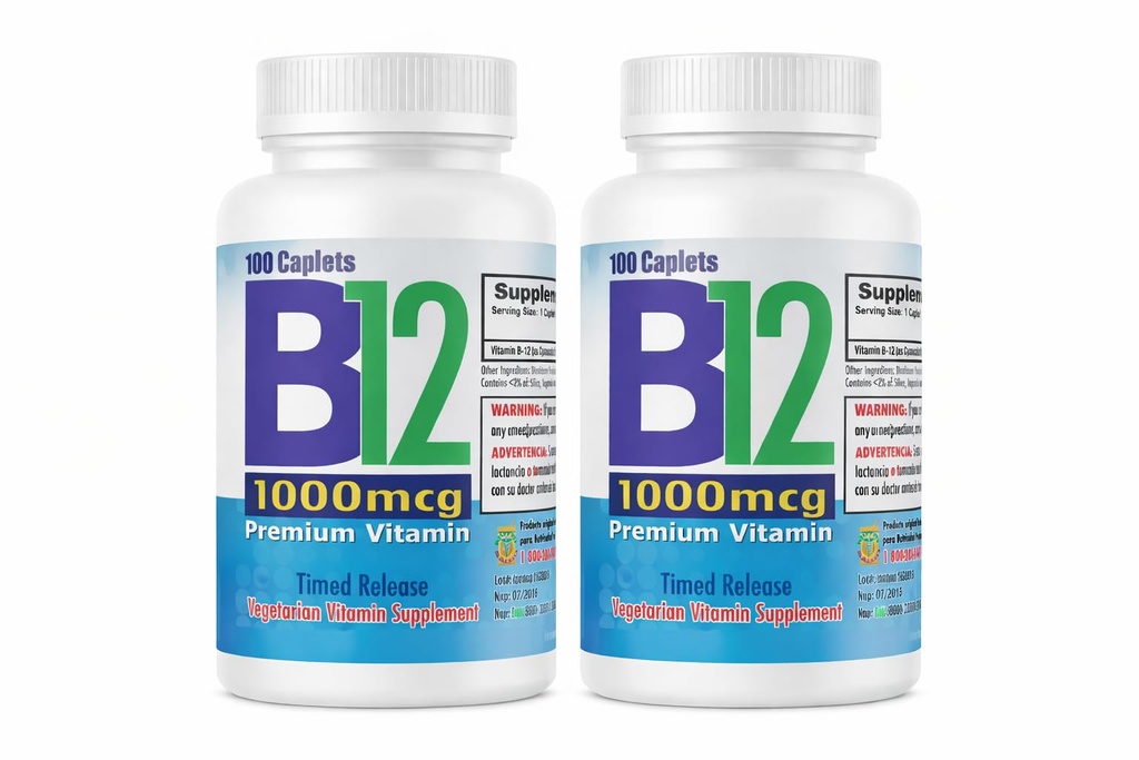 Nutrisalud Prodotti Vitamina B12 de alta potencia, 1000mcg, Set de 2 frascos con 100 tabletas c/u. Combate Anemia, fatiga, aumenta la energia, revitaliza el sistema nervioso.