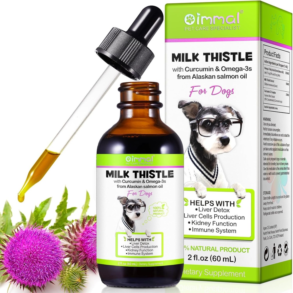 Cardo al latte per cani - Integratore di sostegno al fegato per cani, supporto immunitario e epatico, con Curcumina & Wild Alaskan Salmon Oil, Omega 3 EPA - Supporto naturale al fegato per animali