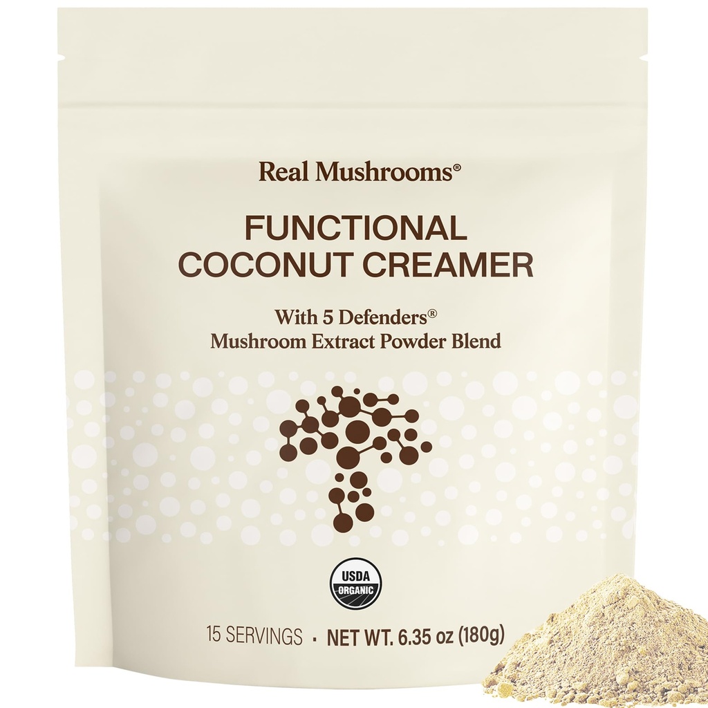Real Mushrooms Crema di cocco funzionale con Reishi, Lucuma & Ceylon Cinnamon – Organico, Dairy-Free – Crema da caffè vegano per Smoothies & Drinks – 90 Servings Crema Organica Polvere di cocco