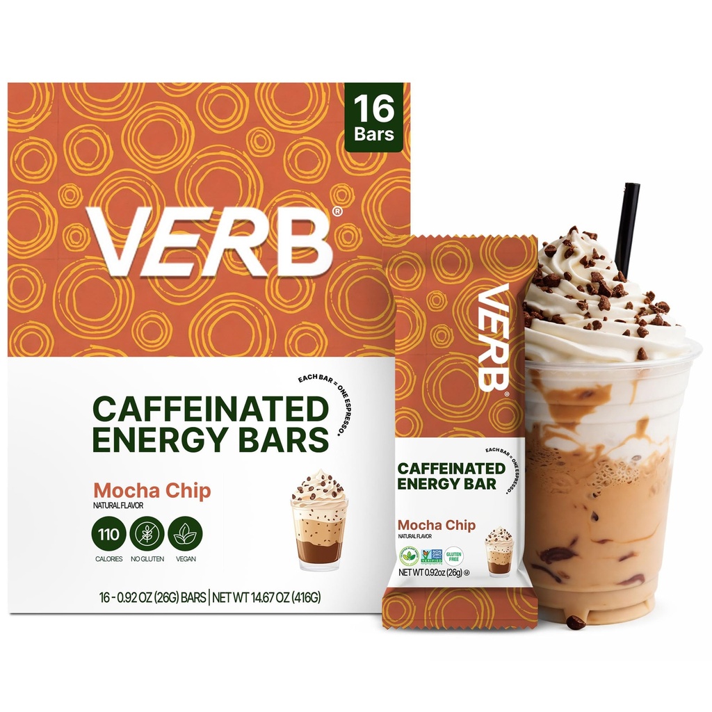 Verb Caffeinated Energy Bars Mocha Chip (26g, Confezione di 16) 110-Calorie Delicious Low Sugar Energy Bar - Vegan Gluten Free On-the Go Snack con 80mg Green Tea Caffeine, Solo Real-Food Ingredienti