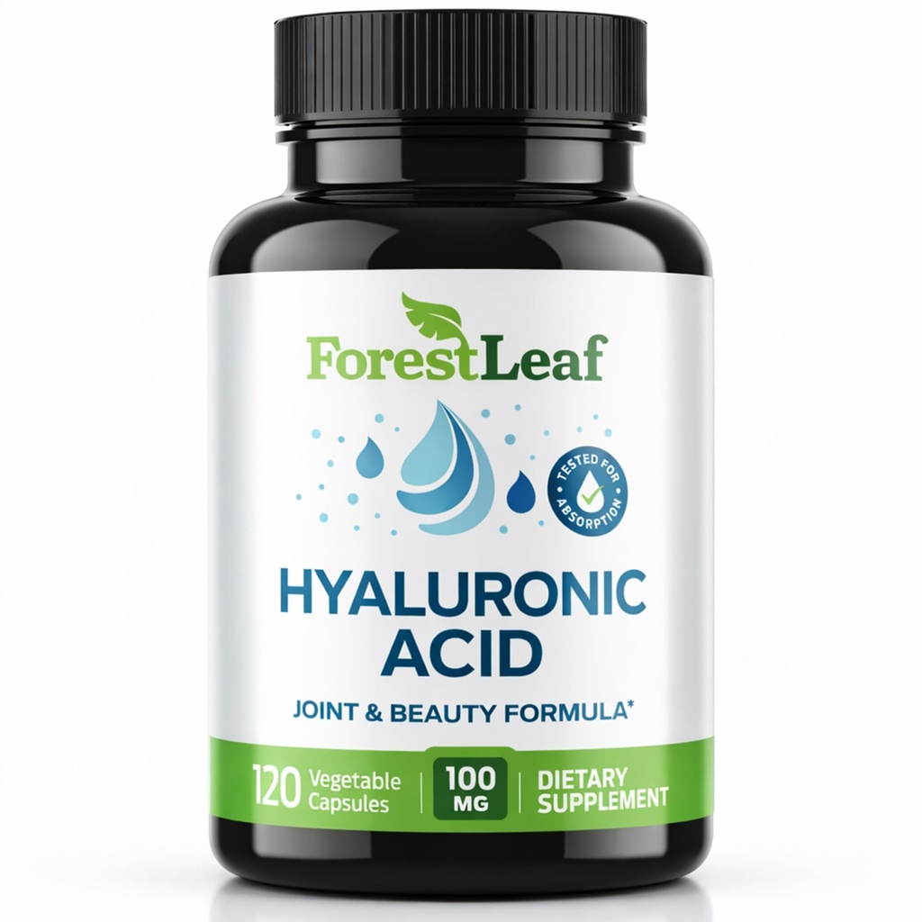 Integratori di acido ialuronico ForestLeaf | 100mg capsule di acido ialuronico alimentare ad alta biodisponibilità + 50 mg VIT C | Supporta idratazione della pelle, lubrificante comune, antiinvecchiamento, capelli e chiodi | 120 caps