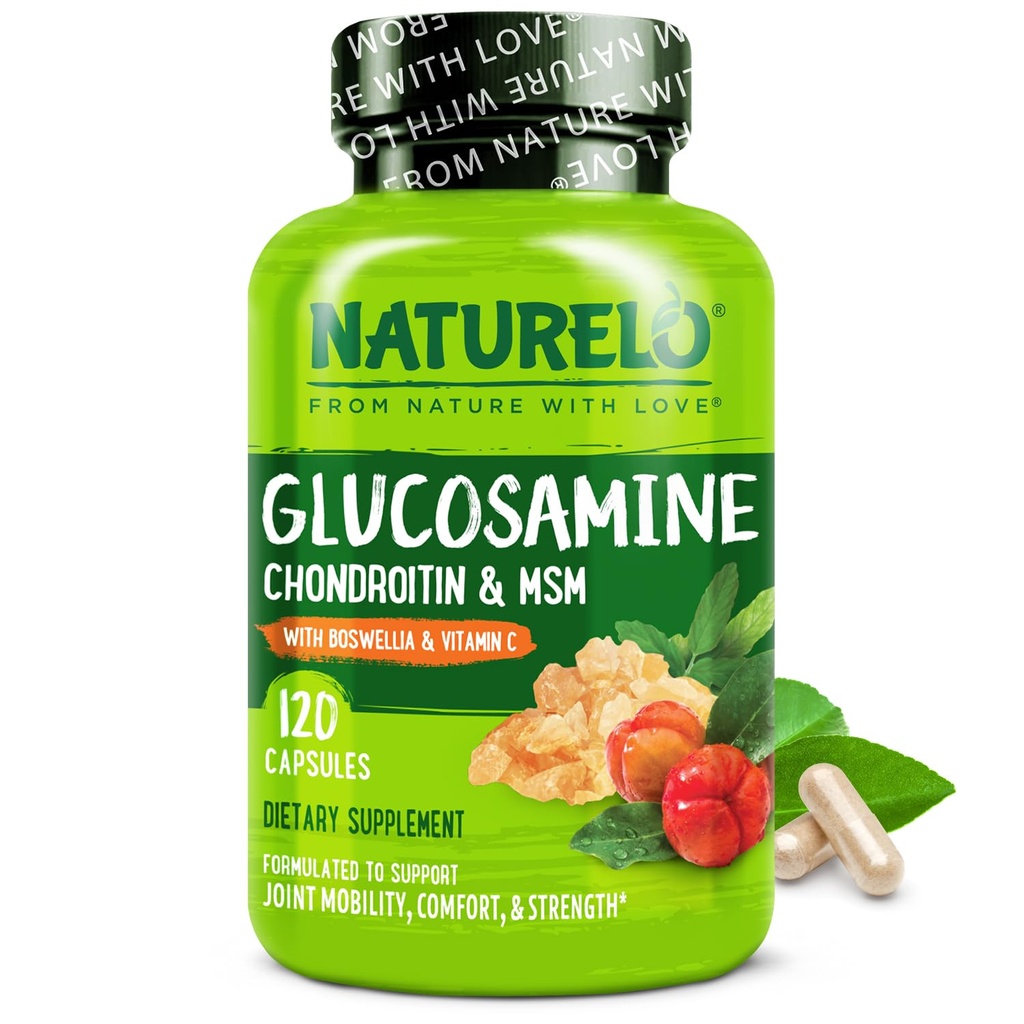 NATURELO Glucosamine Chondroitin MSM con Boswellia e Vitamina C - Supplemento per Comfort Congiunto, Mobilità e Forza - 120 Capsule