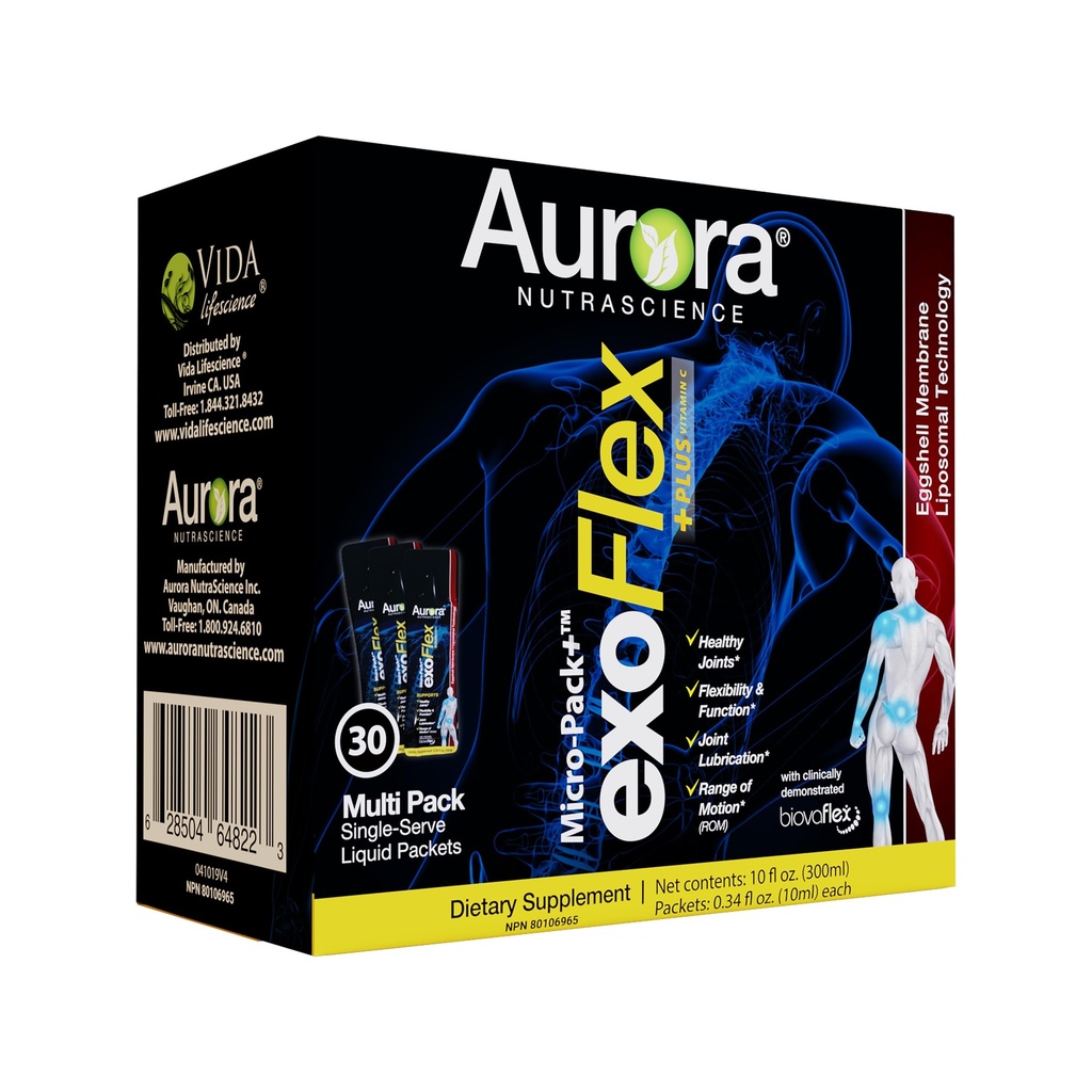 Aurora Nutrascience Micro-Pack Liposomal exoFlex+ con vitamina C, Supporta la flessibilità e la funzione comuni, BiovaFlex Eggshell Membrane, Curcumin & Boswellia, Strwaberry Flavor, 30 Packets