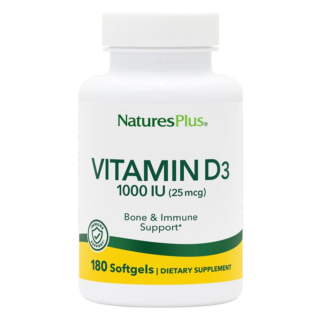 Natures Plus Vitamina D3 (Cholecalciferol) - 1000 iu, 180 Softgels - Supporto nutrizionale per il supporto sano di Bones & Immune System - Modulo attivo biodisponibile - senza glutine - 180 Serve