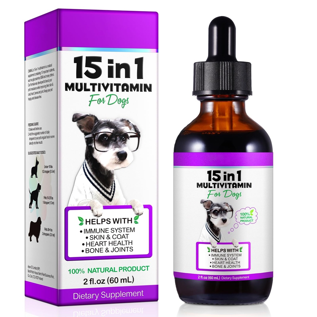 Cane Multivitaminico Liquido - 15 in 1 Cane Vitamine Multivitamina, Supporto Pelle & Cappotto, Cuore, Bones e Salute Congiunta, Pet Vitamine e Supplementi (2 Fl Oz)