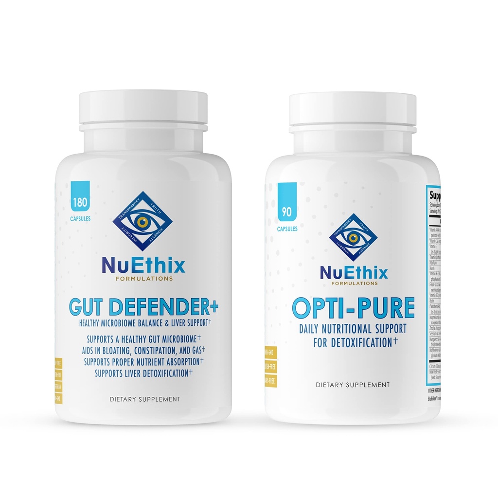 NuEthix Formulations Detoxification e Microbiome Balance Supplement Bundle di Opti-Pure, 30 Serve e Gut Defender+, 90 Serve
