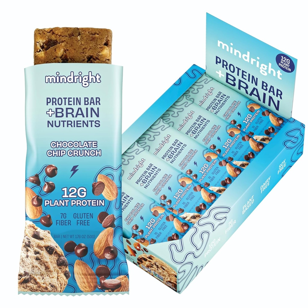 Mindright Superfood Vegan Protein Bar - Gluten Free, Non-Gmo, Basso Zucchero - Cervello Food Snack per migliorare l'umore, l'energia e la messa a fuoco - Confezione da 12 (Chocolate Chip Crunch)