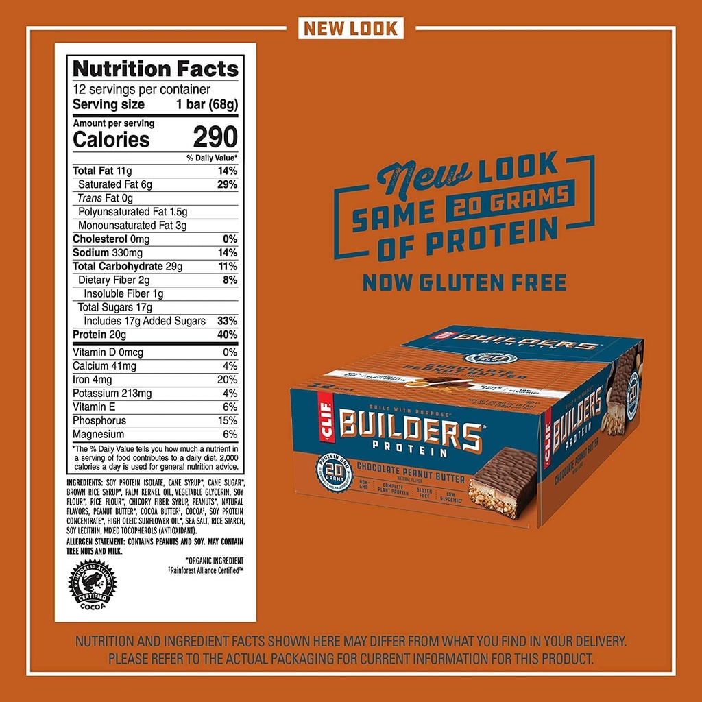 CLIF BUILDERS - Protein Bars - Chocolate Peanut Butter Flavor - 20g Protein (2.4 oncia, 12 conte) (Ora senza glutine)