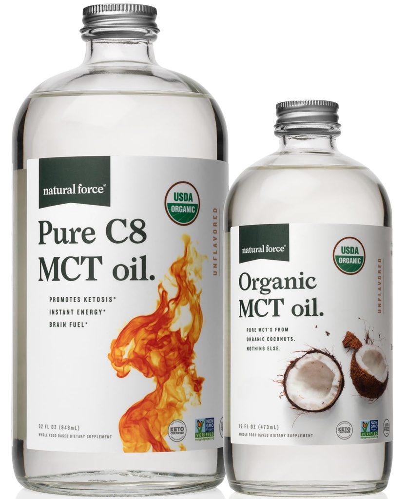 Forza naturale organico puro C8 + organico spettro completo MCT Olio – USDA Organic, Non OGM, 100% Pure Coconut MCTs – Keto, Paleo, Vegan e Kosher – Bottiglie di vetro da 32 Oz & 16 Oz
