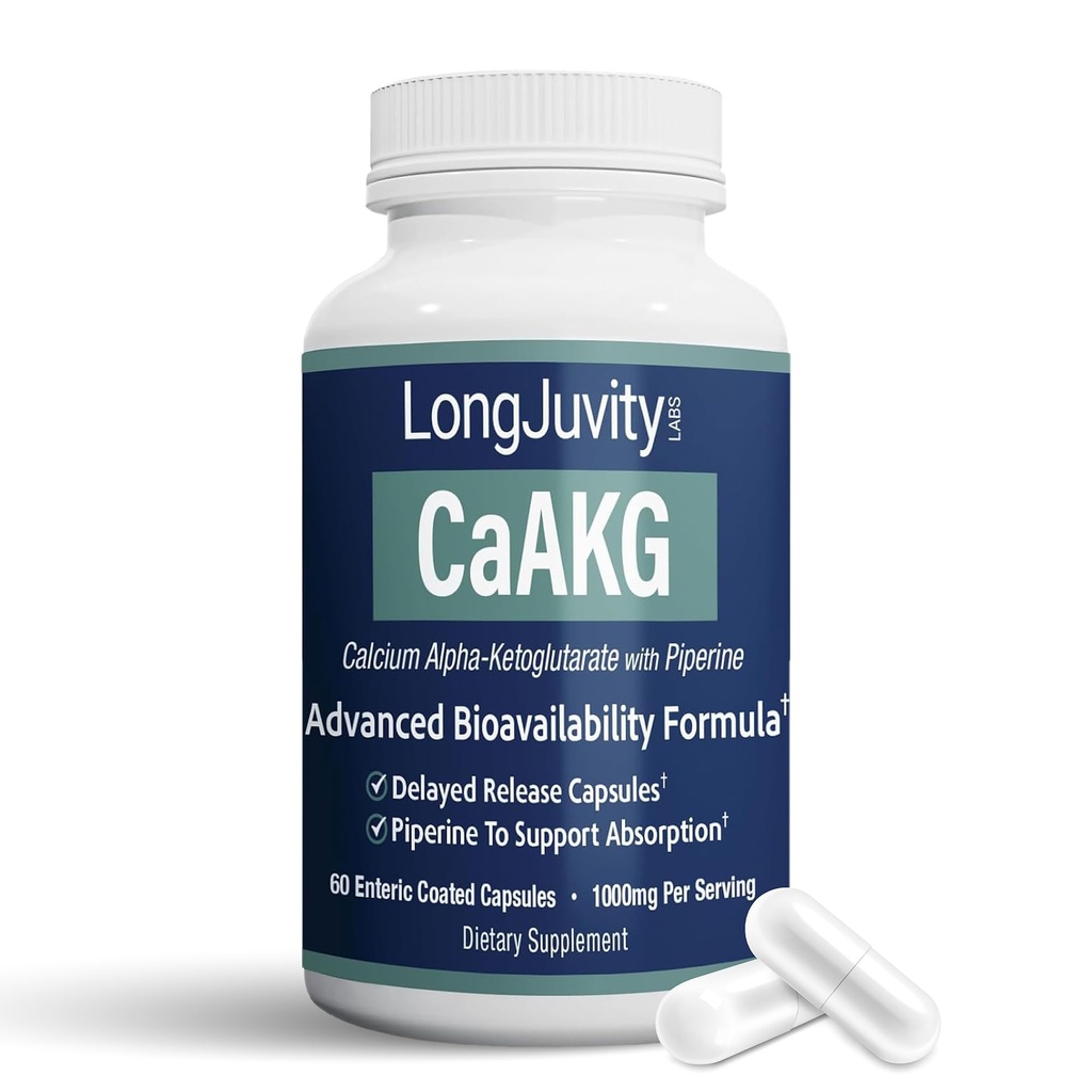 LongJuvity Calcium Alpha-Ketoglutarate Time Release AKG Supplemento (1,000mg Per Serving) - Gut Heath, Bone Health, Anti Aging & Longevity - Indipendente Laboratorio Testato (60 capsule rivestite Enteric)