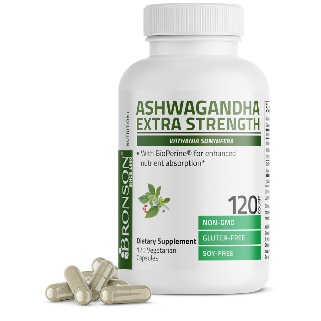 Bronson Ashwagandha Extra Forza Stress & Mood Supporto con BioPerine - Formula Non OGM, 120 Capsule Vegetariani