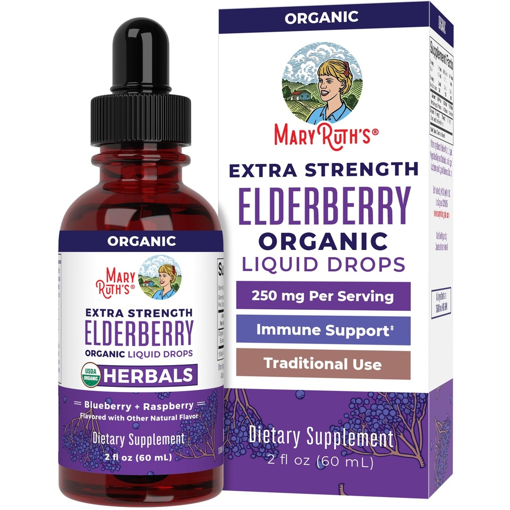 MaryRuth Organics Elderberry Syrup Extra Strength, USDA Organic Elderberry, Sugar Free Adults & Kids Support Supplemento per Età 1+, Clean Label Project Verified®, Vegan, Gluten Free, 2 Fl Oz