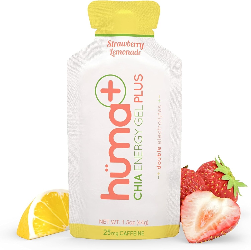 Huma Plus (elettroliti doppi) - Gel di energia Chia, Limonata di fragole, 24 Gel, 25mg Caffeina - Gel di energia alimentare reale