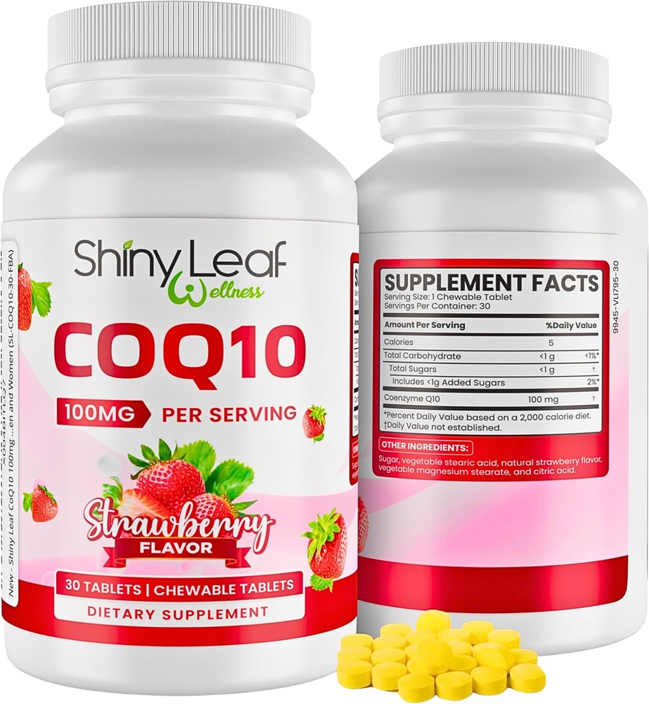 Shiny Leaf CoQ10 100mg - Chewable CoQ10 Supplemento - Coenzyme Q10 per la salute e l'energia del cuore - Natural Co Q 10 Supplemento - Per il benessere cardiovascolare - 100mg Chewable Tablets, 30 compresse, Made in USA