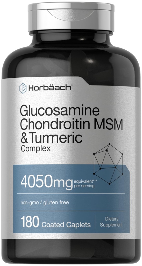 Horbäach Glucosamine Chondroitin MSM | 4050 mg | 180 Caplets | con Turmeric | Formula Triple Strength | Non OGM & Gluten